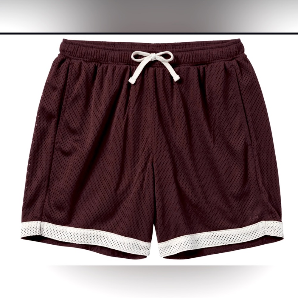 NWT Men's Mesh Rec Shorts, relaxed, 6” inseam, Burgundy with cream color trim
